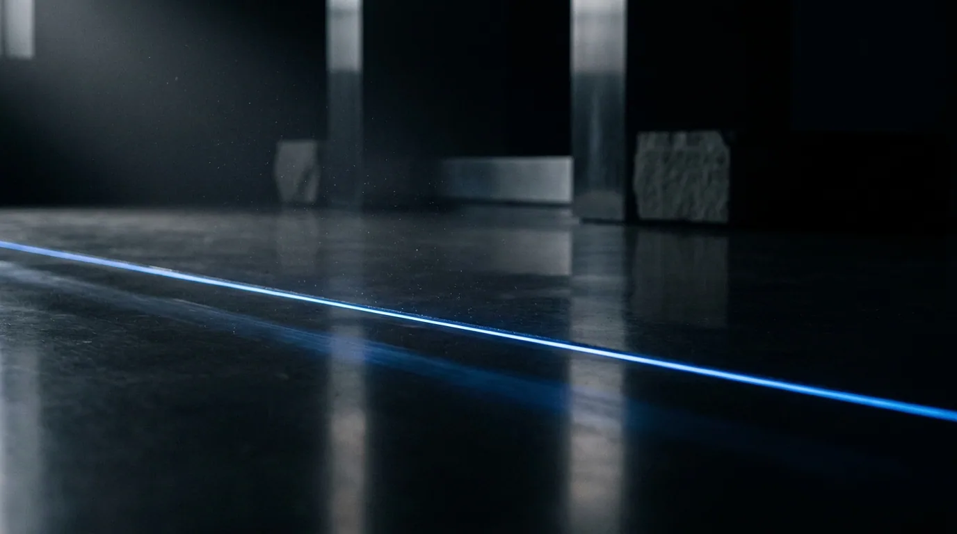 A line of blue light across a polished dark concrete floor