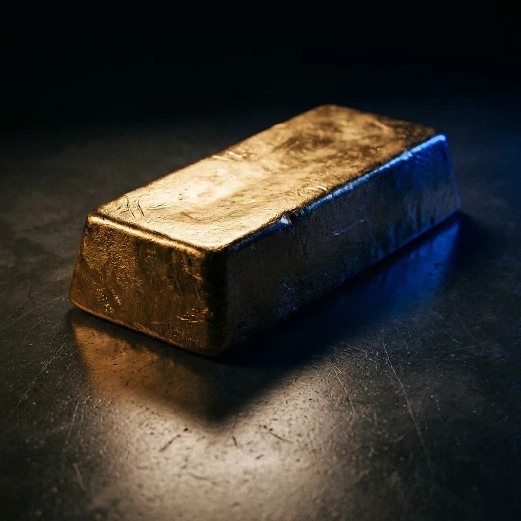 A cast gold bar on dark concrete, edge-lit in blue